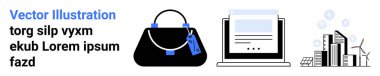 Etiketli siyah çanta, web sayfalı laptop ve rüzgar türbinli modern şehir manzarası. E-ticaret, çevrimiçi alışveriş, teknoloji, dijital pazarlama, sürdürülebilirlik, yenilenebilir enerji için ideal