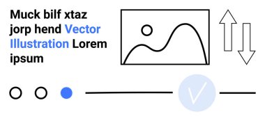 Oklar, resim çerçevesi, kontrol işareti ve dairesel elementler de dahil olmak üzere minimalist simgelerin olduğu soyut web tasarımı kavramı. Kullanıcı arayüzü tasarımı, web geliştirme, dijital sanat, bilgi grafikleri teknolojisi için ideal