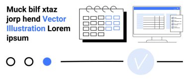 Vurgulanmış tarihleri, bilgisayar görüntüleme zamanlamasını ve ilerleme işaretlerini içeren bir takvim. Proje yönetimi, randevu, görev çizelgesi, verimlilik, kurumsal organizasyon için ideal