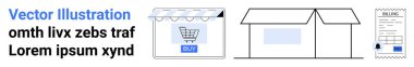 E-mağazada alışveriş arabası, depo binası, e-mağazaların lojistik ve operasyonlarını ön plana çıkaran detaylı makbuz. Çevrimiçi alışveriş, dijital perakende, lojistik, tedarik zinciri, envanter, iş için ideal