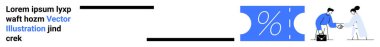 Büyük yüzdelik simge ve kuponun yanında tokalaşan iki karakter. Ortaklıklar, anlaşmalar, satış promosyonları, iş başarısı, işbirliği, pazarlıklar, soyut düz metafor için ideal