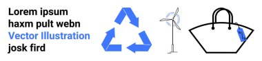 Geri dönüşüm sembolü, rüzgar türbini, sürdürülebilirliği destekleyen yeniden kullanılabilir alışveriş torbası. Çevre bilinci, yeşil teknoloji, iklim hareketi, atık azaltma, yenilenebilir enerji ve çevre eğitimi için ideal