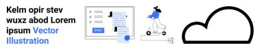 Ödeme düğmeli dijital ödeme formu, e-scooter 'da şapka takan kişi ve bulut simgesi. Çevrimiçi finans, ulaşım, taşınabilirlik, teknoloji, bulut hesaplama, modern yaşam tarzı soyut