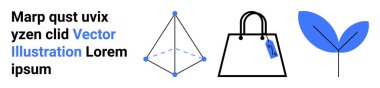 Geometrik piramit, etiketli alışveriş çantası ve soyut kavramları vurgulayan mavi yaprak. Sürdürülebilirlik, ekolojik bilinç alışverişi, geometri, doğa, minimalizm, düz iniş sayfası için ideal