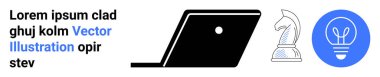 Laptop silueti, satranç şövalyesi oyunu taşı ve ampul sembolü. Strateji, yenilik, fikirler, planlama, liderlik karar verme yeteneği için idealdir. Soyut çizgi düz metafor