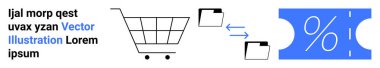 Alışveriş arabası, oklu klasör simgeleri ve indirim kuponu dijital alışveriş, e-ticaret ve veri transferini yansıtıyor. Perakende, pazarlama, veri paylaşımı, satış finans ve teknoloji için ideal