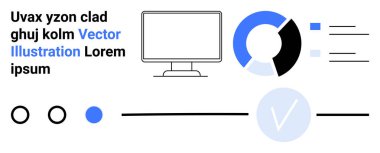 Masaüstü monitörü, bölümleri olan bir pasta tablosu, daire içindeki işaretler, metin elemanları ve gösterge paneli simgeleri. Veri analizi, iş raporları, mali analiz, teknoloji arayüzleri için ideal