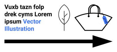 Kalın bir okun yanında fiyat etiketi olan bir yaprak ve alışveriş çantası. Sürdürülebilirlik, alışveriş, eko-yaşam tarzı, çevre bilinci, doğa, minimalizm, düz iniş sayfası afişi için ideal