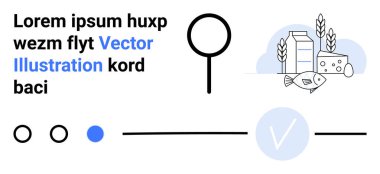 Latince metin, dairesel simge ve buğday yakınında süt kutusu, peynir ve balık içeren tarım ürünlerinin kombinasyonu. Web siteleri, tarım, süt ürünleri, gıda endüstrisi vektör sanat tasarımı modellemeleri için ideal
