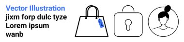 Etiketli el çantası, kilit kilidi ve yan yana asgari kadın profili. Alışveriş, moda, güvenlik, kimlik, e-ticaret yaşam tarzı ve dijital tasarım için ideal. Düz iniş sayfası için mükemmel