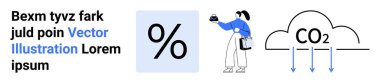 Karbon emisyonlarını analiz eden kadın, veri için yüzde ikonu, aşağıya doğru oklu karbondioksit bulutu. Sürdürülebilirlik, çevre, iklim değişikliği, enerji kullanımı, eko raporları, analitik düz iniş için ideal