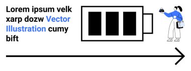 Şarj cihazını akü ikonuna takan kişi ilerlemeyi, enerjiyi veya güç artırımını sembolize ediyor. Sürdürülebilirlik, enerji, büyüme, şarj, bağlantı, yenilik düz iniş sayfası afişi için ideal