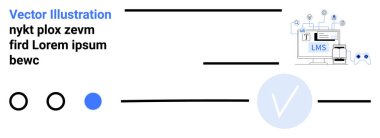 Dağılmış siyah çizgileri olan metin bir Öğrenme Yönetim Sistemi arayüzünün grafiğini gösteriyor. Teknoloji elemanları arasında bilgisayar ekranı, vites ve mobil cihaz bulunmaktadır. Çevrimiçi öğrenim için ideal
