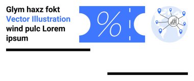 Küresel dağıtım şebekesi haritası olan yüzde işareti içeren mavi kupon. Lojistik, ecommerce, satış, pazarlama, perakende, küresel bağlantılar için ideal soyut çizgi