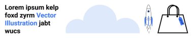 Roket bulutun ve etiketli bir alışveriş çantasının yanında havalanıyor. E-ticaret, yenilik, markalaşma, başlangıç, perakende, teknoloji, pazarlama kavramları için idealdir. Düz iniş sayfası pankartı