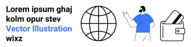 Küresel erişimi gösteren bir küre, sağı gösteren bir kişi ve içinde finans olduğunu gösteren kartlar olan bir cüzdan. İş stratejisi, uluslararası ticaret, kişisel finans, fintech, teknoloji için ideal