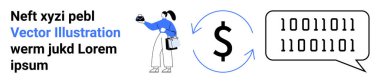 Kadın karakter bir cihaz tutuyor, yuvarlak oklarda dolar işareti, konuşma balonunda ikili kod. Fintech, engelleme zinciri, kripto para birimi, veri bilimi, dijital bankacılık, teknoloji sahanlığı için ideal