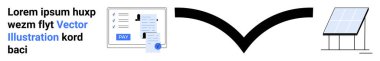 Çevrimiçi ödeme arayüzü, ödeme düğmesi, aşağı ok ve güneş paneli illüstrasyonu. Enerji finansmanı, iklim farkındalığı, teknoloji ilerlemesi, sürdürülebilirlik, e-ticaret için ideal