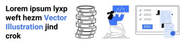 Birikmiş paralar, bir ekranda geliştirici kodlaması ve ödeme işlemleri. Finans, kodlama, e-ticaret, işlemler, fintech ödeme sistemleri ve zenginlik yönetimi için ideal. Soyut çizgi düz metafor