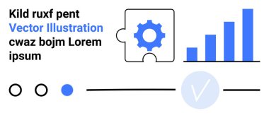 Vites bulmacası parçası ve mavi bar çizelgesi iş ilerlemesini temsil ediyor. Farklı renklerde ve dairesel simgelerde soyut metin örnekleri içerir. İş stratejisi, veri analizi ve proje için ideal