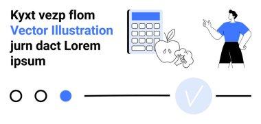 Adam, yanında elma ve küçük bulut olan bir hesap makinesini işaret ediyor. Ön planda daireler, çizgiler ve işaretler var. Eğitim içeriği, sağlıklı yaşam, teknoloji, üretkenlik, navigasyon için ideal