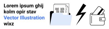 İkili kodlu dosyalar, yıldırım sembolü, kartlı cüzdan. Teknoloji organizasyonu, veri güvenliği, fintech kavramları, dijital yenilik, elektronik depolama, mali yönetim için ideal