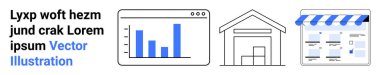 Web sitesindeki bar grafiği, depo binası ve çevrimiçi mağaza arayüzü. E-ticaret, lojistik, veri analizi, web geliştirme, çevrimiçi alışveriş, envanter yönetimi ve dijital pazarlama için ideal