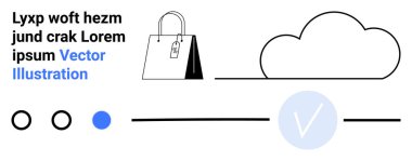 Etiketli alışveriş torbası, bulut, üç dairesel element, minimum metin ve daha büyük bir daire içinde işaretleme işareti. E-ticaret, alışveriş, bulut depolama, görev tamamlama satış sitesi için ideal