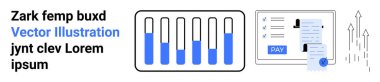 İlerleme çubuklu bar tablosu, ödeme düğmeli online ödeme makbuzu ve büyümeyi gösteren yukarı doğru oklar. Finans, teknoloji, veri analizi, ödeme sistemleri, iş büyümesi, dijital
