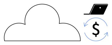 Bulut çizgisi, dizüstü bilgisayar ve oklu dolar işareti. Finans, teknoloji, bulut hesaplama, tasarruf, otomasyon dijital dönüşüm ekonomik verimliliği için idealdir. Minimalist ve soyut çizgi düz