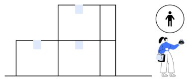 Kadın elinde nesneler tutarken büyük kutuları düzenliyor, bir insan simgesi. Lojistik, düzen, depo, perakende, envanter yönetimi, organizasyon iş akışı için ideal. Modern asgari tasarım soyut çizgi