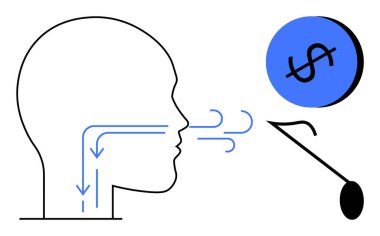 Bir dolar işaretine doğru çizilmiş hava akışı çizgileri olan baş tarafı silueti. İletişim masrafları, konuşma ücretleri, harcamalar, finansal konuşma, para tasarrufu konuşması, bütçe tartışması için ideal. Minimalist