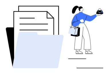 Alışveriş torbaları tutan ve bir eşyayı inceleyen kadın büyük bir evrak klasörünün ve kağıtların yanında duruyor. Alışveriş, organizasyon, perakende, belge, üretkenlik, karşılaştırma, ofis kullanımı için ideal