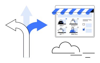 Yön okları, çeşitli ürünlerin sergilendiği bir çevrimiçi mağaza önü ile birlikte karar verme mekanizmasını simgeler. E-ticaret stratejileri, iş esnekliği, çevrimiçi perakende satış, pazarlama kararları, web