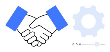 Mavi kollu iki kişi, büyük dişli dişli dişli çark ve ilerleme göstergeleri arasında el sıkışma. İş için ideal, takım çalışması, müzakereler, ortaklıklar, proje yönetimi, işbirliği