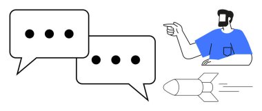 Elipsli iki konuşma balonu, bir stilize insan, ve bir roket iletişimi, rehberliği, yeniliği ve ilerlemeyi temsil eder. İş stratejisi, takım çalışması, teknoloji büyüme liderliği için ideal