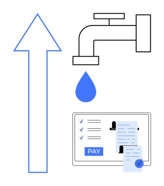 Damlayan musluk suyu, yukarı doğru ok ödeme düğmeli dijital ekran ve makbuzlar. Çevrimiçi ödemeler, su tasarrufu, kamu hizmetleri yönetimi, yeşil girişimler, dijital makbuzlar için ideal