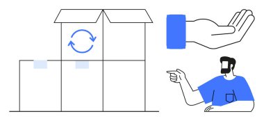 Geri dönüşümü gösteren oklarla dolu kutular, yukarı bakan bir el ve el hareketi yapan sakallı bir adam. Lojistik, müşteri hizmetleri, iletişim, çevre bilinci, destek, e-ticaret modern