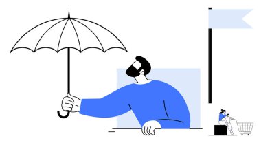 Şemsiyesi olan bir adam, dizüstü bilgisayarı olan bir başkası bayrak altında alışveriş arabasının yanında oturuyor. Koruma, rehberlik, çevrimiçi alışveriş, iş güvenliği, destek ve liderlik için ideal