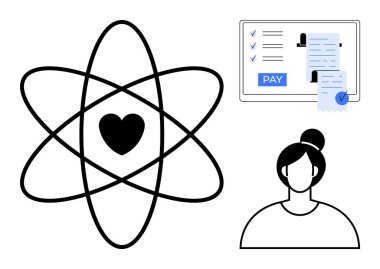 Atom içindeki kalp, bağlantıyı simgeliyor, kişi simgesi ve maaş arayüzü olan bilgisayar. İdeal İK, maaş bordrosu, çalışan bağlantısı, kişisel bakım, dijital işlemler, işyeri kültürü insan
