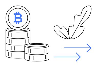 Bir yaprağın yanına iki tane sağ oku olan bitcoin paralar istiflenmiş. Kripto para birimi, engelleme zinciri, yatırım büyümesi, çevresel sürdürülebilirlik, finans, dijital para birimi, finansal teknoloji için ideal