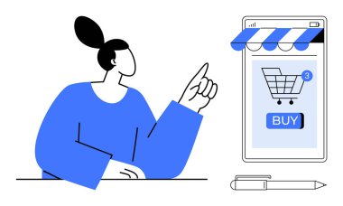 Bir kadın, alışveriş arabası ikonu ve satın alma düğmesi olan mobil bir cihaz ekranına doğru hareket eder. Çevrimiçi alışveriş, e-ticaret, dijital pazarlama, mobil uygulamalar ve tüketici davranışları için ideal. Basit modern.