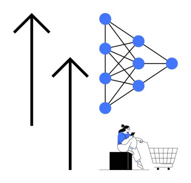 Yukarı doğru iki ok, birbirine bağlı mavi düğümler sinirsel bir ağ oluşturuyor, telefonu alışveriş arabasının yanında olan bir kadın. Büyüme, ilerleme, dijital ticaret, teknoloji, sinirsel ağlar, çevrimiçi alışveriş için ideal