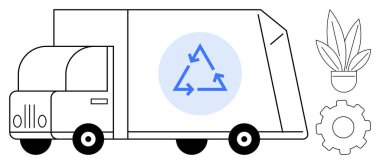 Geri dönüşüm sembollü beyaz kamyon, saksı bitkisi ve yanında vites simgesi. Çevre dostu lojistik, sürdürülebilirlik, geri dönüşüm, çevre bilinci, yeşil teknoloji, çevre dostu