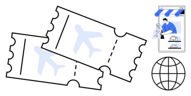 İki uçak bileti, online alışveriş sahnesi olan bir web tarayıcısı ve bir dünya. Hava taşımacılığı, çevrimiçi rezervasyon, tatil planlaması, ekommerce, küresel bağlantı, dijital işlem müşterisi için ideal