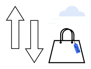 İndirim etiketli bir alışveriş poşeti satışları işaret eder. İki ok yukarı ve aşağı eğilimleri gösterir. Piyasa eğilimleri, tüketici davranışı, indirimler, e-ticaret büyümesi, perakende dinamiği, fiyatlandırma stratejisi için ideal