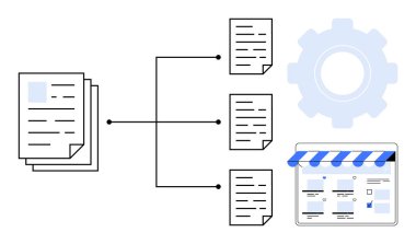 Bir akış şeması vasıtasıyla bir vites ve pazar yeri de dahil olmak üzere işleme seçeneklerine bağlı belgeler. İş akışı otomasyonu, dijital dönüşüm, belge yönetimi, verimlilik, organizasyon, iş dünyası için ideal