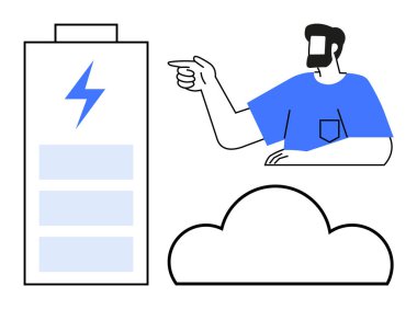 Yanında bir bulut olan büyük bir bataryayı işaret eden bir adam. Enerji, sürdürülebilirlik, bulut depolama, teknoloji, yenilik, yenilenebilir enerji verileri için idealdir. Soyut satır düzlüğü