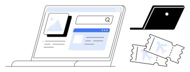 Laptop ekranında görüntüler ve metinlerle arama arayüzü, başka bir dizüstü bilgisayarın silueti ve iki uçak bileti var. Seyahat planlama, rezervasyon, çevrimiçi hizmetler, dijital işlemler için ideal
