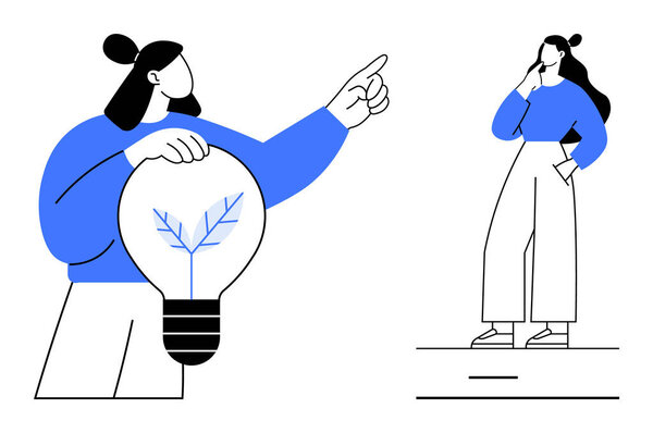 Женщина держит лампочку с листком внутри, указывая на задумчивую женщину, стоящую тихо. Идеально подходит для идей, инноваций, устойчивости, руководства, творчества, памятования и концепции совместной работы